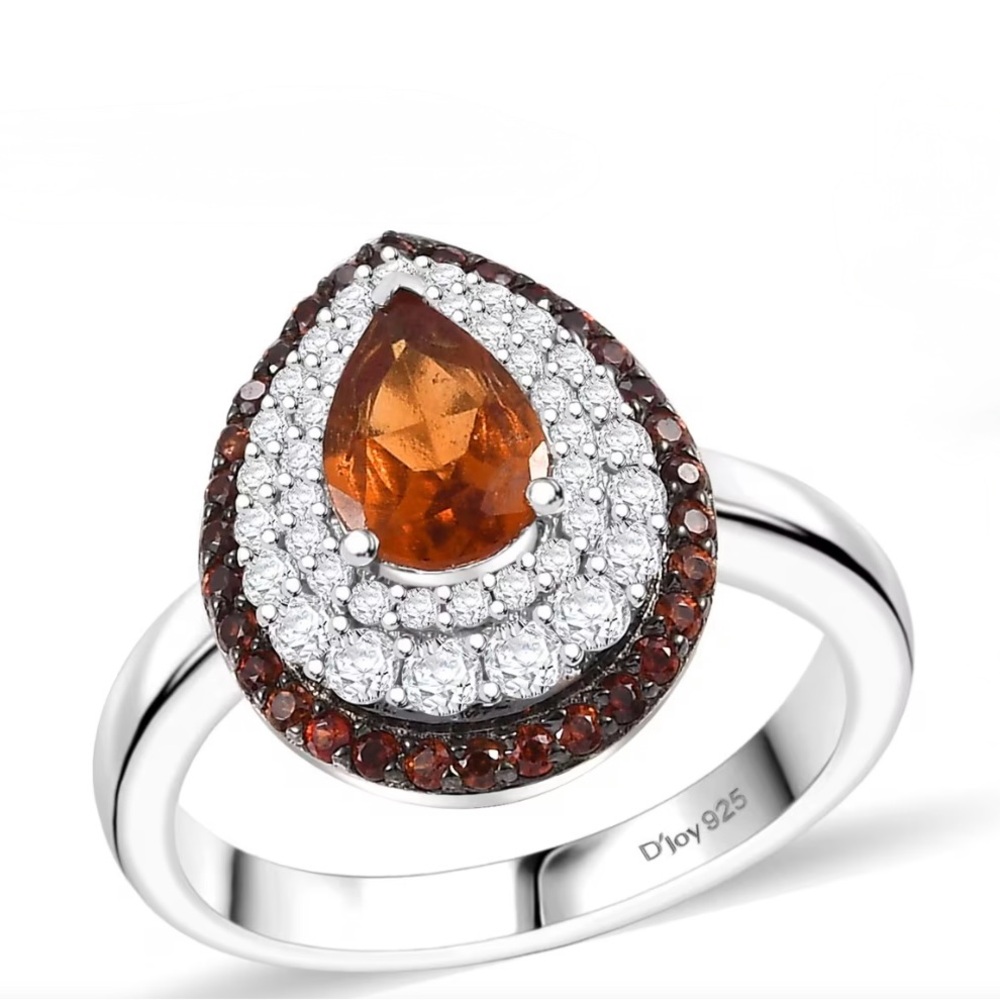 Ceylon Hessonite Garnet, Brown & White Zircon Triple Halo Sz 5 Sterling Silver